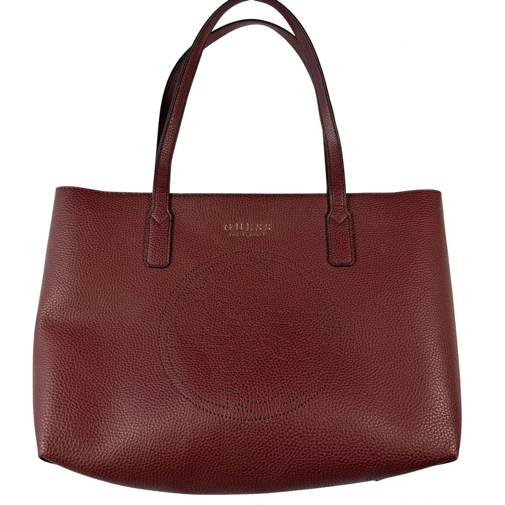 Guess Los Angeles Burgundy Pebbled Tote‎ Bag Perforated Logo Wine Red